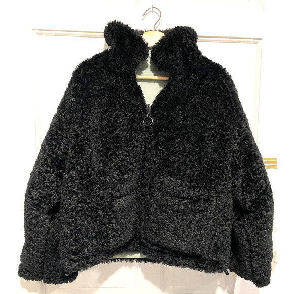 Topshop - reversible light blue puffer, Faux black fur women winter coat size 6 - Picture 4 of 6